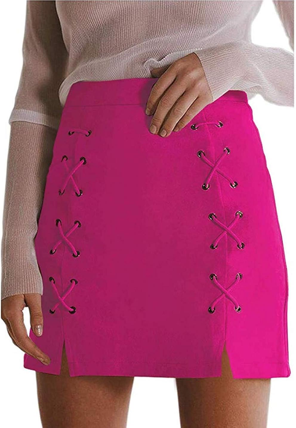 katiewens Women's Classic High Waist Lace Up Bodycon Faux Suede A Line Mini Pencil Skirt: Clothing