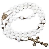 Mother of Pearl 8mm Stone Rosary with Crucifix and Miraculous Medal, Catholic Rosary for Men and Women, White Rosary Beads, First Communion, Confirmation, Baptism, Bridal and Religious Gift