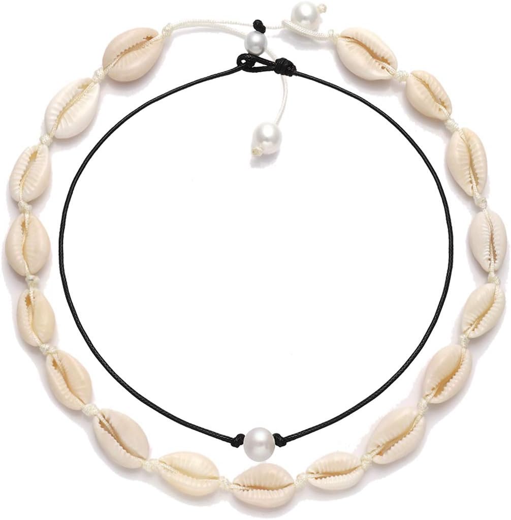 Natural Shell Necklace Pearl Choker Handmade Conch Shell Choker Necklace Hawaiian Beach Necklace 2 Pcs Ocean Seashell Choker Set for Women Girls (2pcs set)