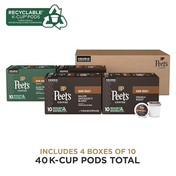 PEET’S COFFEE, KEURIG K-CUP PODS DARK ROAST VARIETY PACK – MAJOR DICKASON’S BLEND, FRENCH ROAST, ORGANIC ALMA DE LA TIERRA, HOUSE BLEND, 40 COUNT (4 BOXES OF 10 K-CUP PODS)