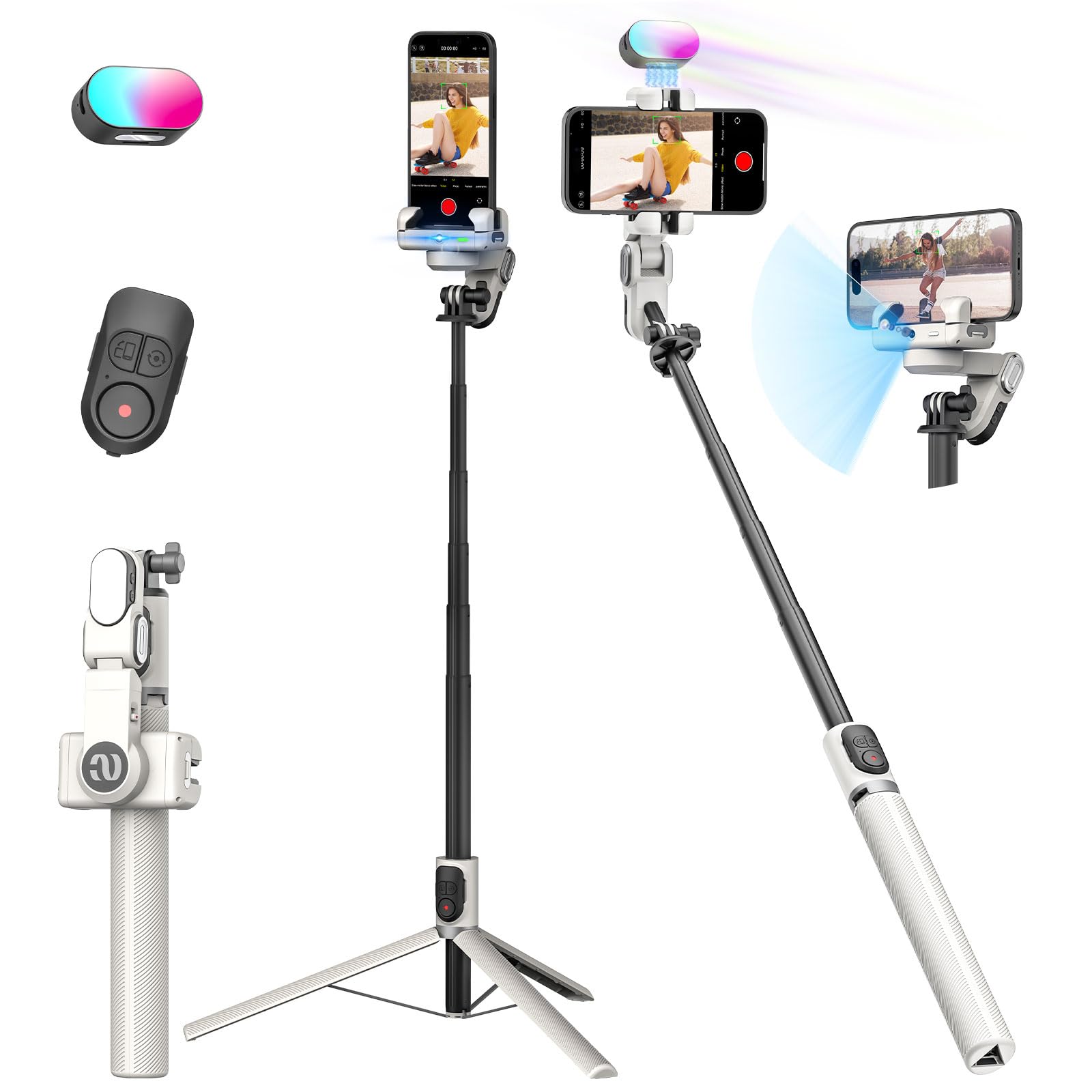 AOCHUAN Smartphone Gimbal Stabilizer, Smart Face Tracking Tripod Without APP - 4 in 1 Cellphone Gimbal Stabilizer for iPhone&Android Extended 108cm Rod with RGB Fill Light, M2PRO White