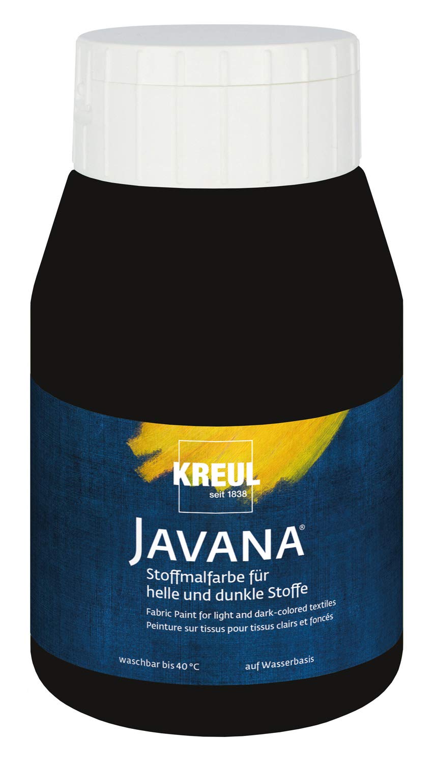 Kreul 91561 - Javana Fabric Paint for Light and Dark Fabrics, 500 ml Bottle Black, Brilliant Water-Based Colour, Pasto Character, for Stamping and Stenciling, Washable after Fixation
