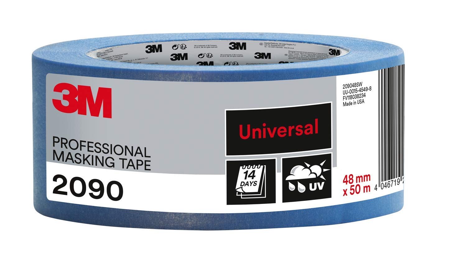 3M Professional Masking Tape 2090, Universal Surfaces, 48 mm x 50 m - UV stable, Water Resistant, For Indoor & Outdoor Painting and Decorating