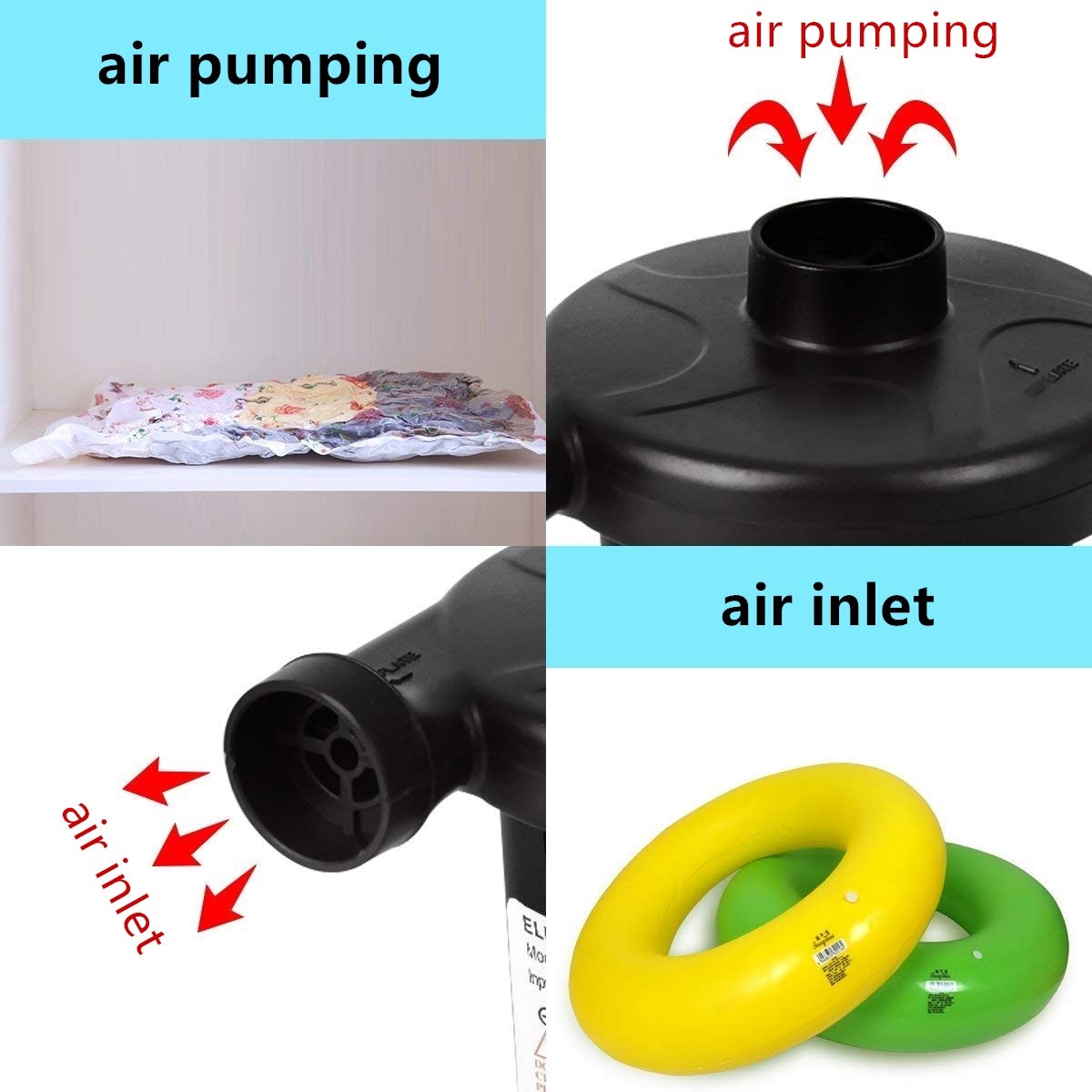 Concise house Electric Air Pump Two-way Air Pump with 3 Nozzles, 100-240V AC/12V DC 2 in 1 Portable Air Mattress Pump Universal Inflator Electric Pump for Inflatables Airbed Mattress Pump