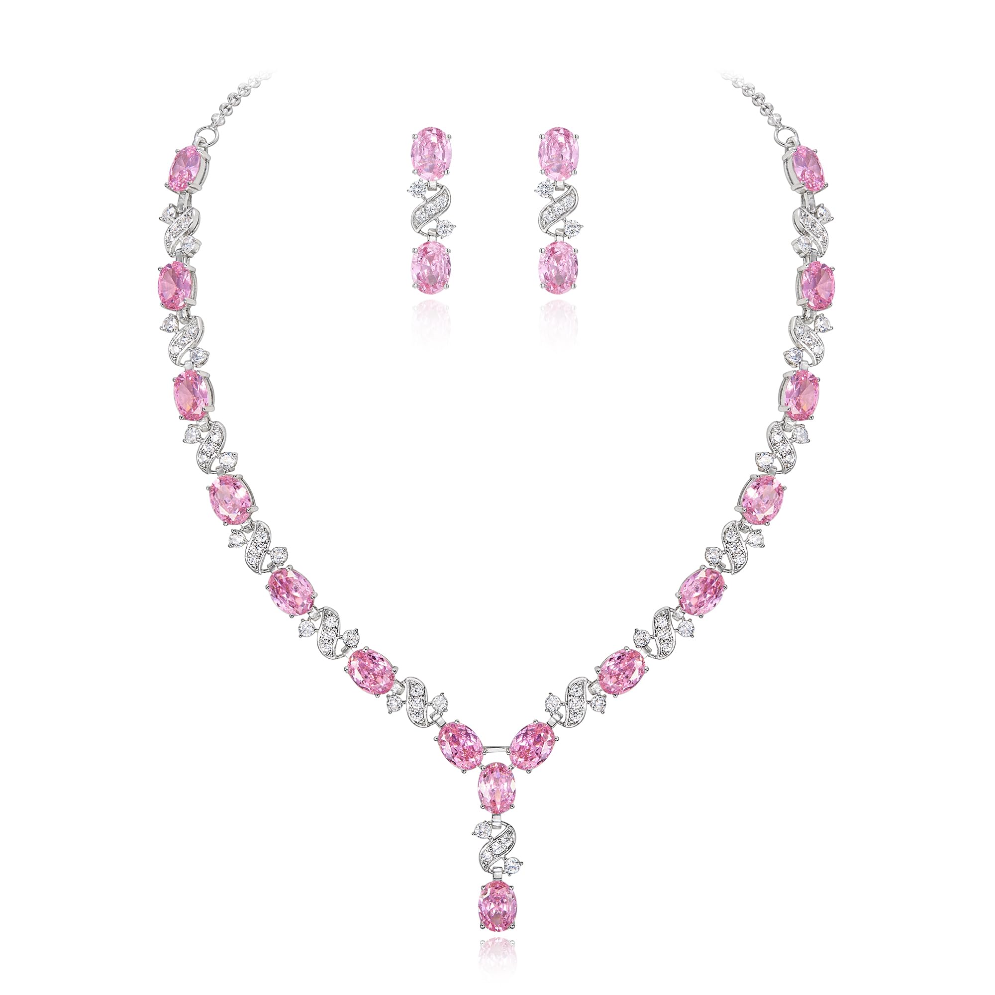 Clearine Women's Wedding Bridal Cubic Zirconia Infinity Y-Shape Tennis Necklace Dangle Earrings Set Pink Silver-Tone
