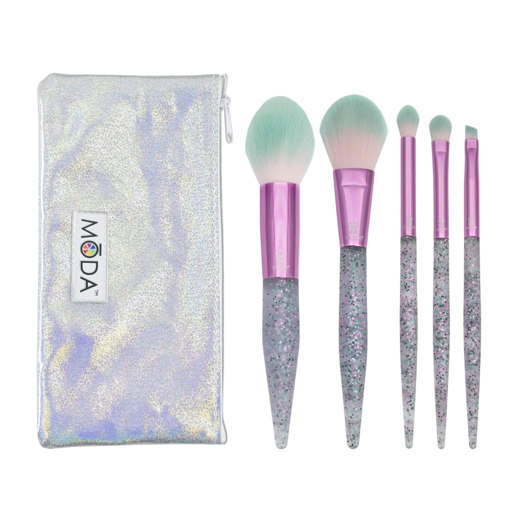 Moda Royal & Langnickel Full Size Glitter Bomb 6pc Complete Makeup Brush Kit with Pouch Includes, Pointed Powder, Blush, Crease, Eye Shader, and Line Brushes, Pink, BMD-GBSET6PK