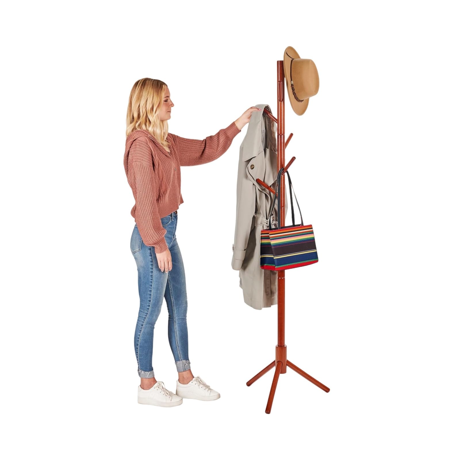 MEILEWLE Coat Stand, Coat Rack Freestanding, Coat Tree, w/ 6 Hooks and 3 Adjustable Size Solid Wood Coat Rack Stand easy to assemble for Bedroom, Hallway, Entrance, Office, for Hat,Coats (03- Cherry)