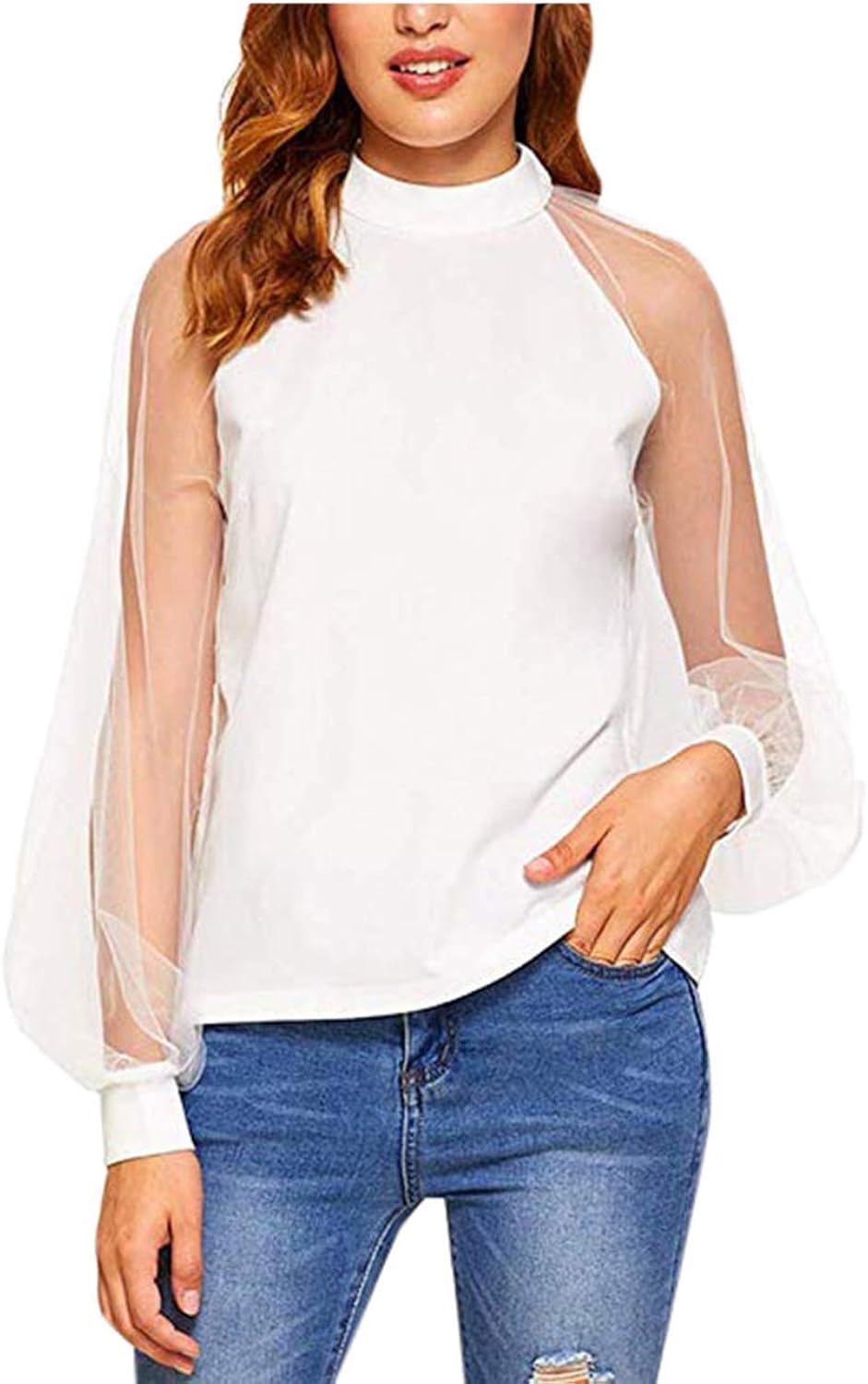 Women Shirts Long Sleeve Mesh Round Neck Slim Fit Solid O