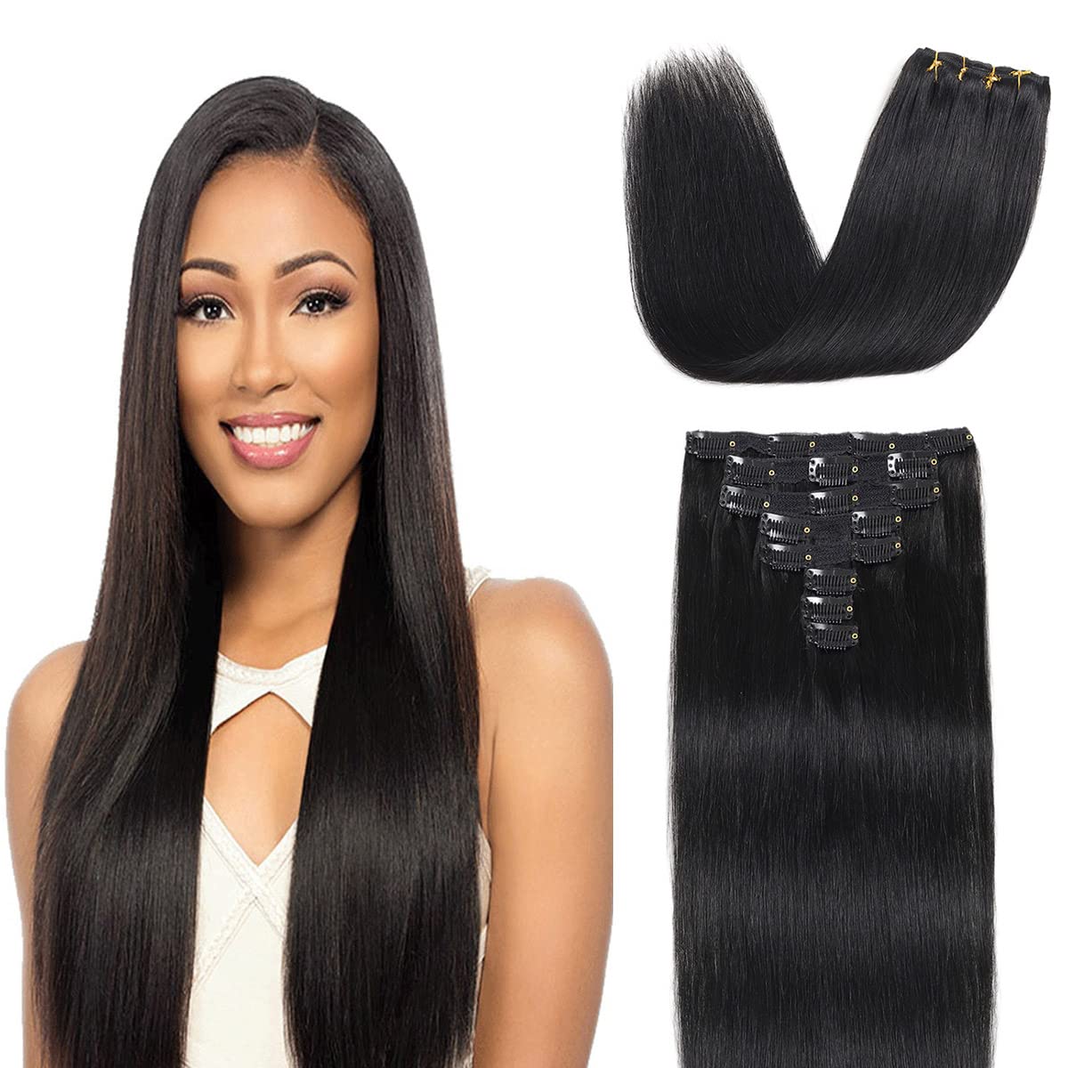 Clip in Hair Extensions Real Human Hair 8 Pieces Straight Real Remy Human Hair Full Head Human Hair Extensions Clip in Double Weft Real Remy Hair (#1B Natural Black, 20 Inch) โ image 1