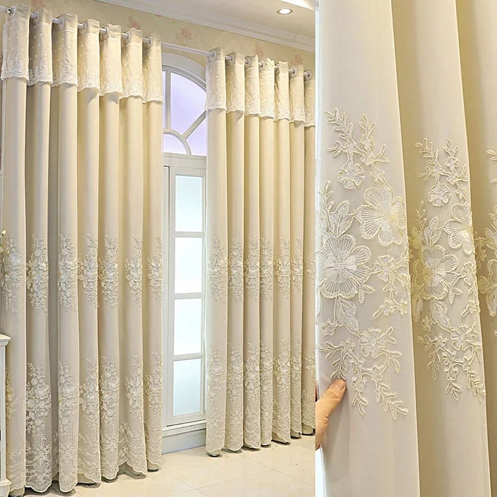 Photo 1 of Amidoudou 1 Pair European Double Layer Curtains Luxury Flower Embroidered Curtains for Living Room Bedroom (Beige,52x84 Inch)