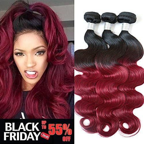 XiaoYuan Ombre Brazilian Hair 3 Bundles Body Wave 1B/Burgundy 99j 8A Brazilian Virgin Hair Ombre Hair Extensions (10"12"14")