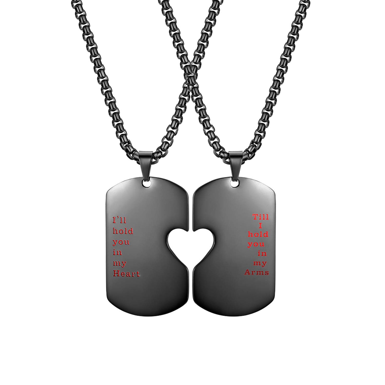 Cupimatch 2pcs Love Heart Matching Puzzle Dog Tag Pendant Couple Necklace, His and Hers Stainless Steel Quote Engraved Relationship Necklace Chain