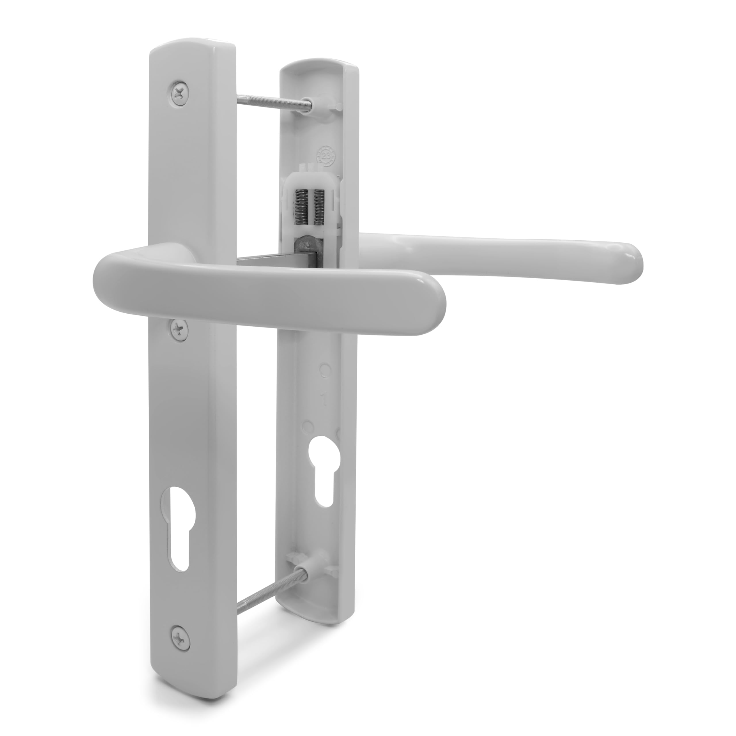 TSS White UPVC Door Handle Pair Set, 92mm PZ (Centres), Sprung, Lever Lever, 215mm Top Screw to Bottom Screw (Screw centres), 3X Fixing Points, Backplate 260mm x 35mm - PVC Door Handle in White