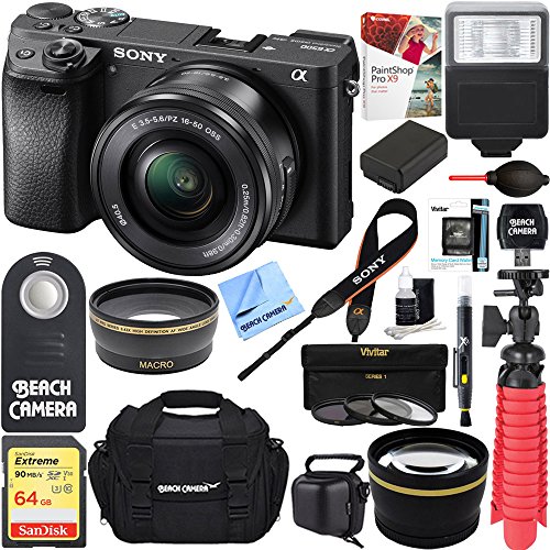 Sony-ILCE-6500-a6500-4K-Mirrorless-Camera-Black-w-16-50mm-Power-Zoom-Lens-64GB-Accessory-Bundle-DSLR-Photo-Bag-Extra-Battery-Wide-Angle-Lens2x-Telephoto-Lens-Flash-Remote-Tripod