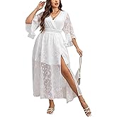 EYWOL Wedding Guest Dress Plus Size Ruffle Bell Sleeve V Neck A Line Flowy Empire Waist Maxi Dresses with Slit