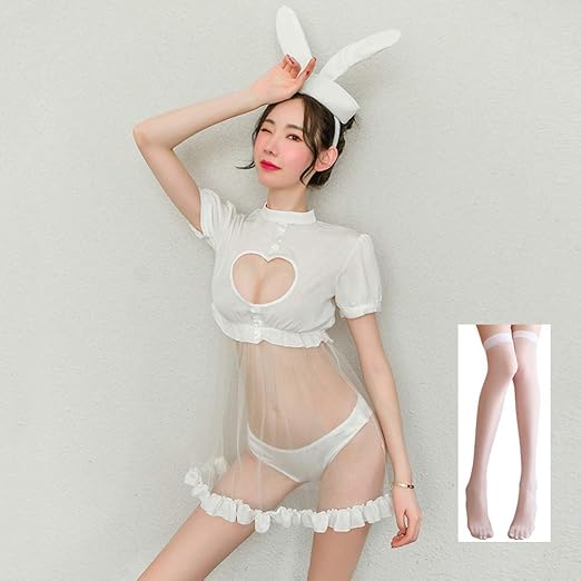 Amazon Co Jp Yaishn バニーガール セクシー ワンピース コスプレ 胸空き 定番 うさぎ耳 ハロウィン 仮装 可愛い ストッキング付き フリーサイズ 5点セット プレゼント ホワイト ホビー