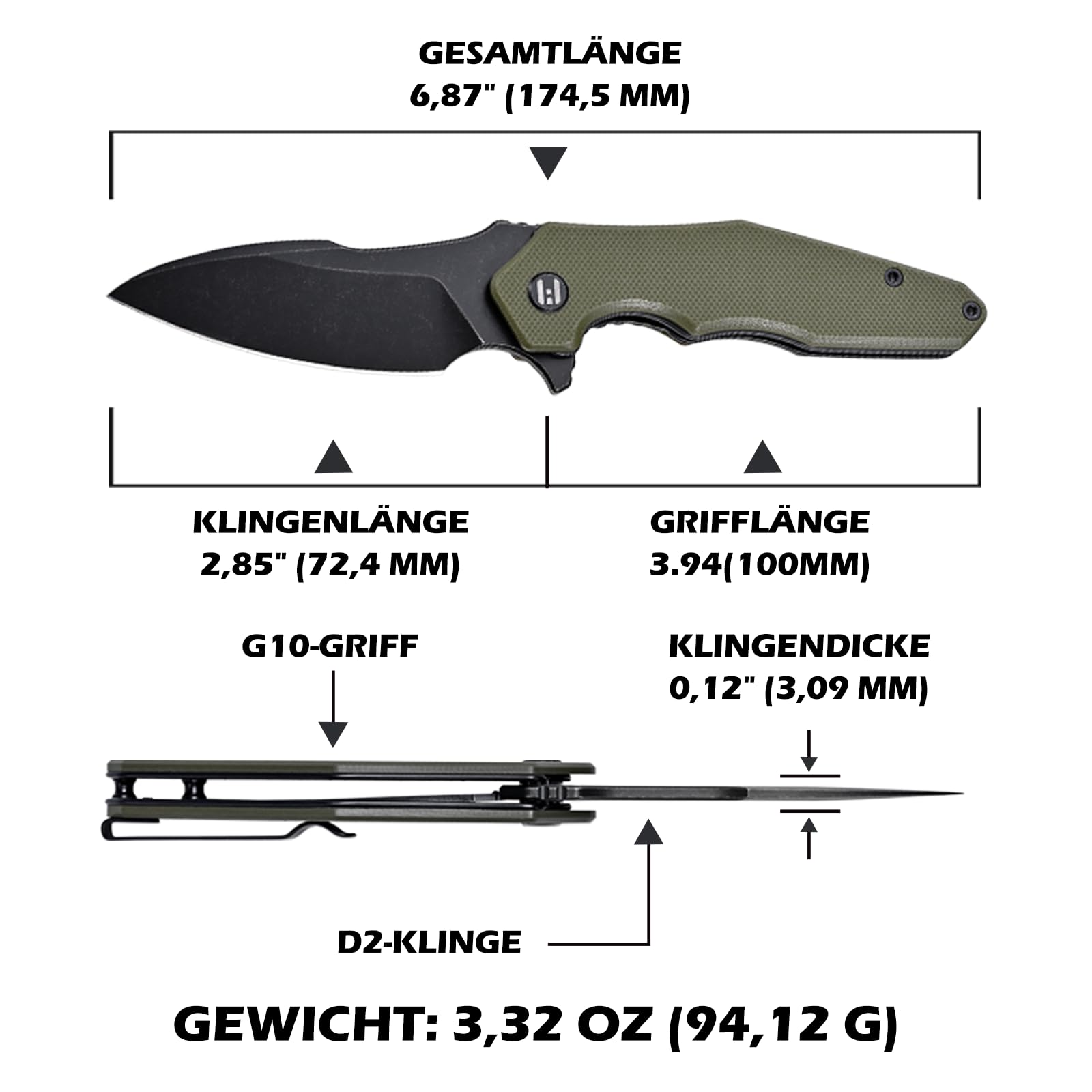 Hightron MINI VENTURA Klappbares Taschenmesser,Flipper-Taschenmesser für EDC,7.24CM Stonewashed D2-Klinge plus G10-Griff,Deep-Carry-Taschenclip-Klappmesser für den Alltag,Camping, Angeln,Grün-B 6