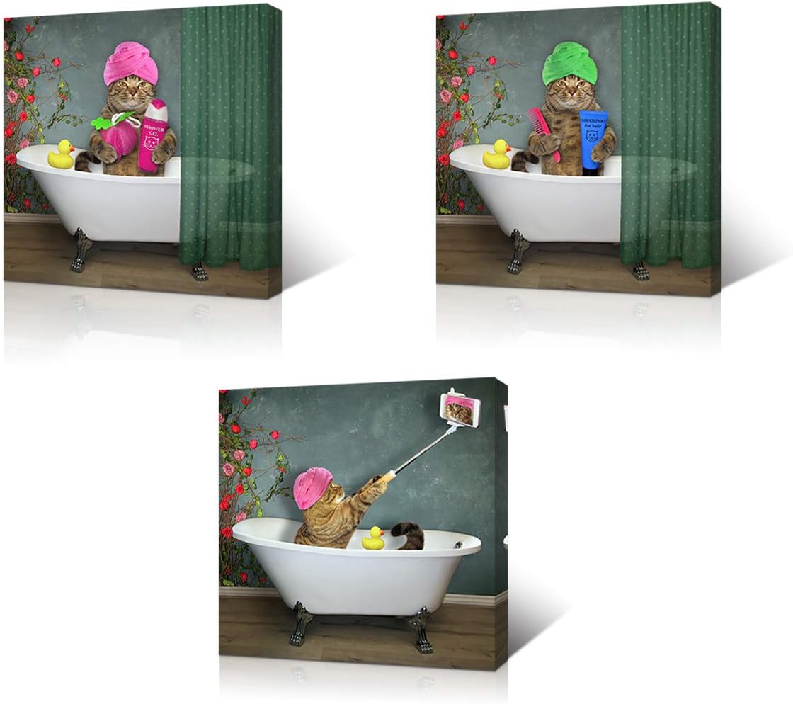 Canvas Wall Art Animals Funny Kitten Cat Bathing Bathroom Decor Artworks Pictures Art Print Modern Home Decorations Stretched and Framed Cat Lover Present