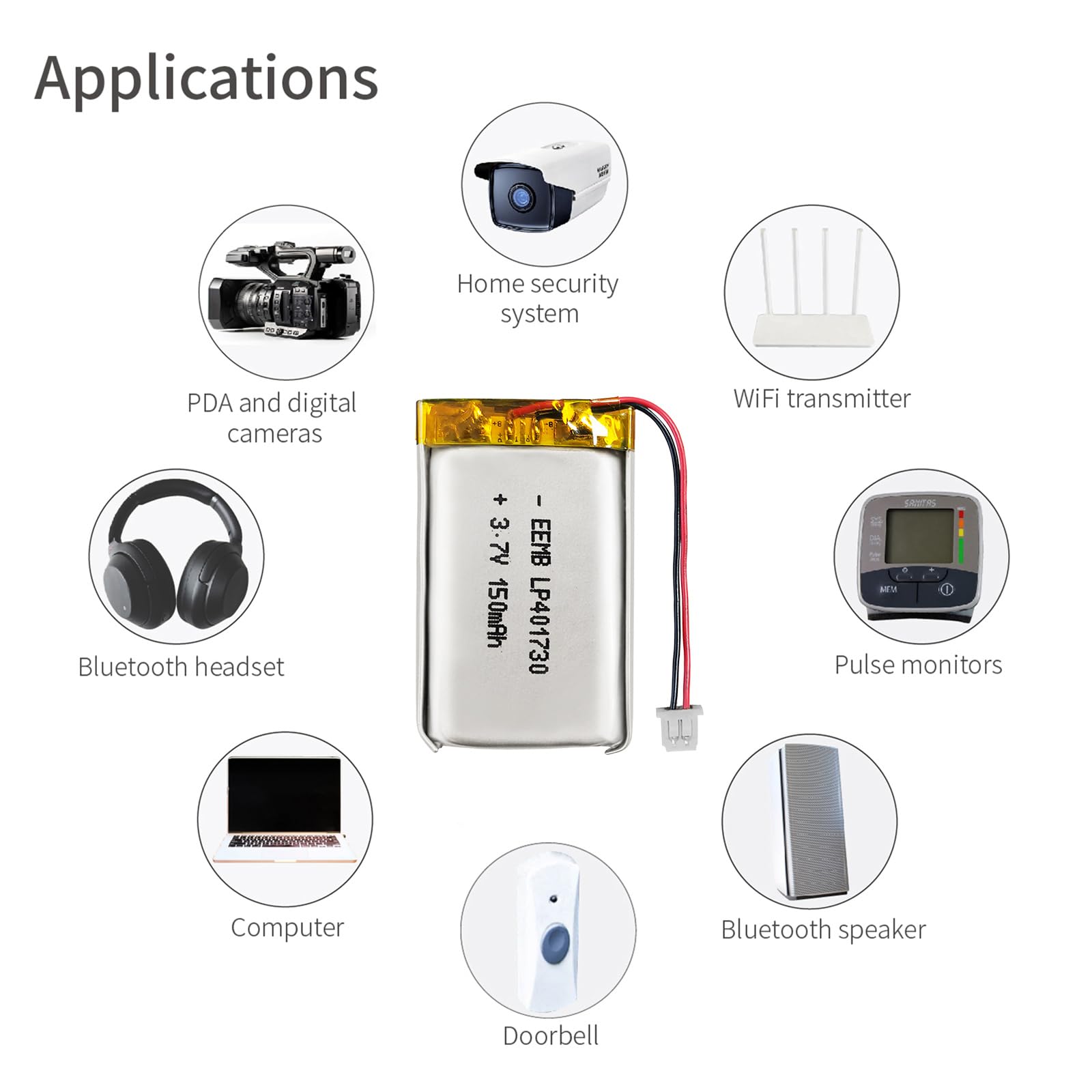 EEMB Lithium Polymer Battery 3.7V 150mAh 401730 Lipo Rechargeable Battery Pack with Wire Molex 1.25mm Connector for Speaker and Wireless Device- Confirm Device & Connector Polarity Before Purchase
