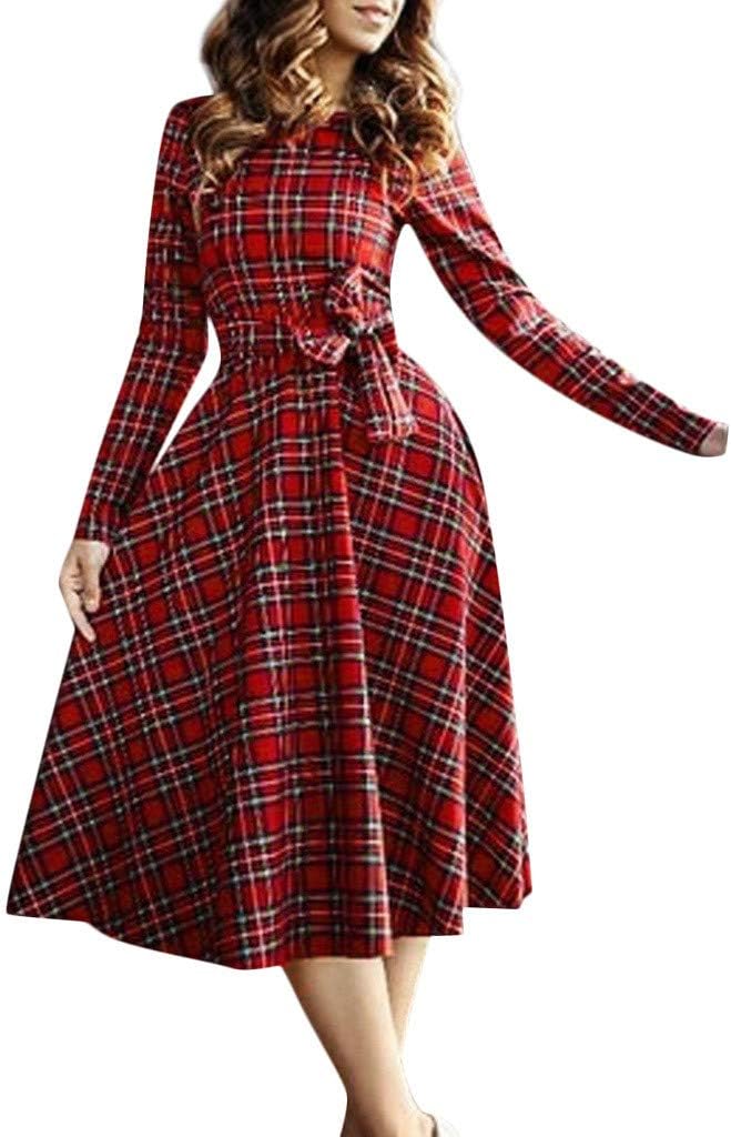 Weant Ladies Plaid Dress Long Sleeve Empire Waist Full Length Maxi Dress with Pockets for Ladies Teen Girls Womens Casual Swing Dress Evening Party Cocktail Prom Long Pullover Jumper Dress
