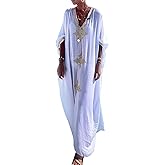 Bsubseach Gold Embroidery Long Kaftan Dresses V Neck Caftan Dress Beach Cover Ups for Women Embroidery