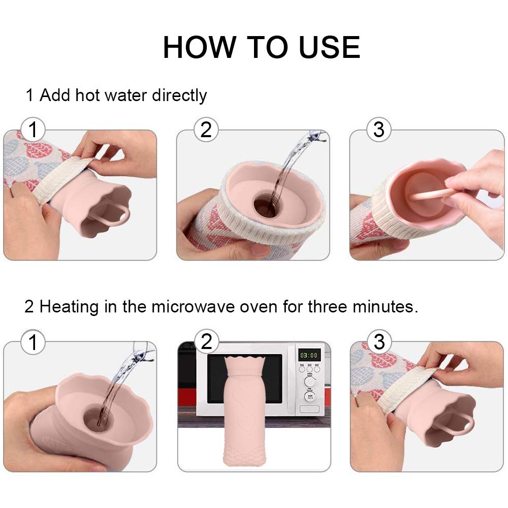 Silicone Hot Water Bottle with Removable Soft Knitted Cover Silicone BPA Free Hot Water Bag Hot Cold Therapy for Birthday, Christmas, Valentine\'s Day, Gift Exchange Party (Pink)