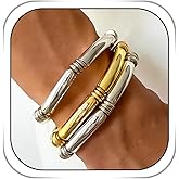 Dmaiy Silver Bracelet for Women 3pcs Set Gold Chunky Bracelets for Men Layered Curved Bamboo Tube Bracelet Stretch Bangle