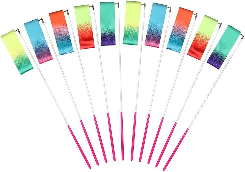 MUAI 10 Pieces 4 Meter Rainbow Dance Ribbon Gymnastics Rhythmic Ribbons,Gym Ribbon Dance Streamer with Twirling Baton Stick for Kids Dancing,Ribbon Toys