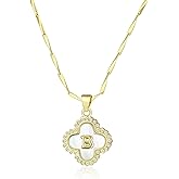 LETFLY Four Leaf Clover Initial Necklaces for Women, 14K Gold Plated Natural Shells Clover Letter Pendant, Alphabets A-Z Necklace Jewelry Gifts for Women