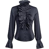 VANGARSUN Women Victorian Gothic Ruffled Lotus High Neck Lace Lantern Long Sleeve Top Blouse Shirt
