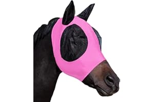 HUAME Horse Fly Mask with Ears, Comfortable Fit Stretch Fabric with UV Protection Soft on Skin Breathability for Small/Medium Size Horses (Pink)
