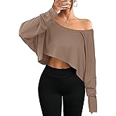 Hilinker Womens Off Shoulder Long Sleeve Crop Tops Sexy Boat Neck Loose Casual T Shirt