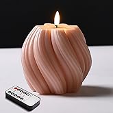 Girimax Dusty Pink Swirl Flameless Candle with Remote Timer | Flickering LED Round Candle, Real Wax Coating, 2 AA Battery Powered, Aesthetic Home Shelf Decor 1 Pack