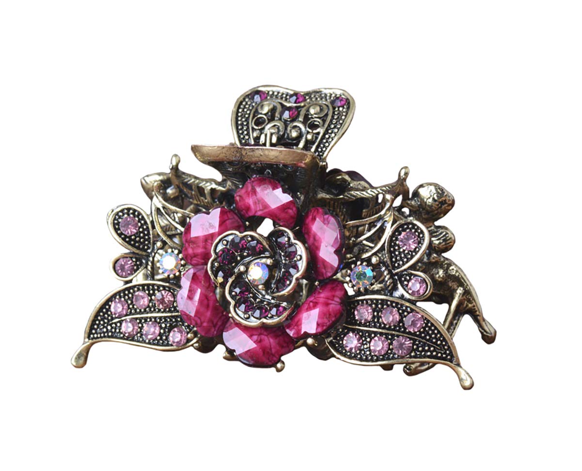 Fodattm Women Lady Retro Rose Flower Imitation Turquoise Hair Claw Clip Vintage Alloy Rhinestone Non-Slip Hair Jaw Clips Hairpin Hair Clamp (Purple)