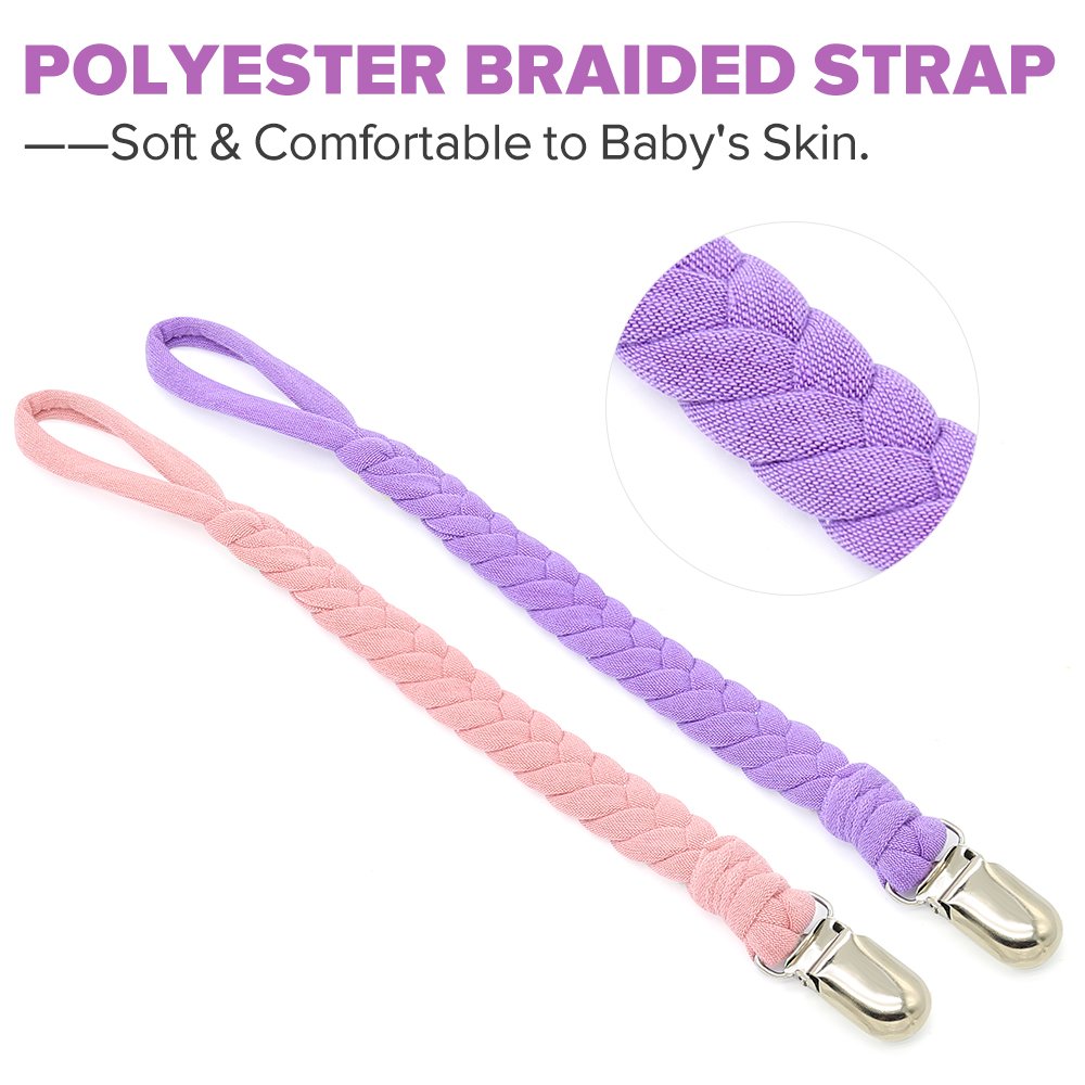 Pacifier Clips, Pack of 4 Teething Ring Holder for Babies, Soft Flexible Holder Leash for Pacifiers, Hand-Made Braided Baby Teething Soothie Band for Girls& Boys