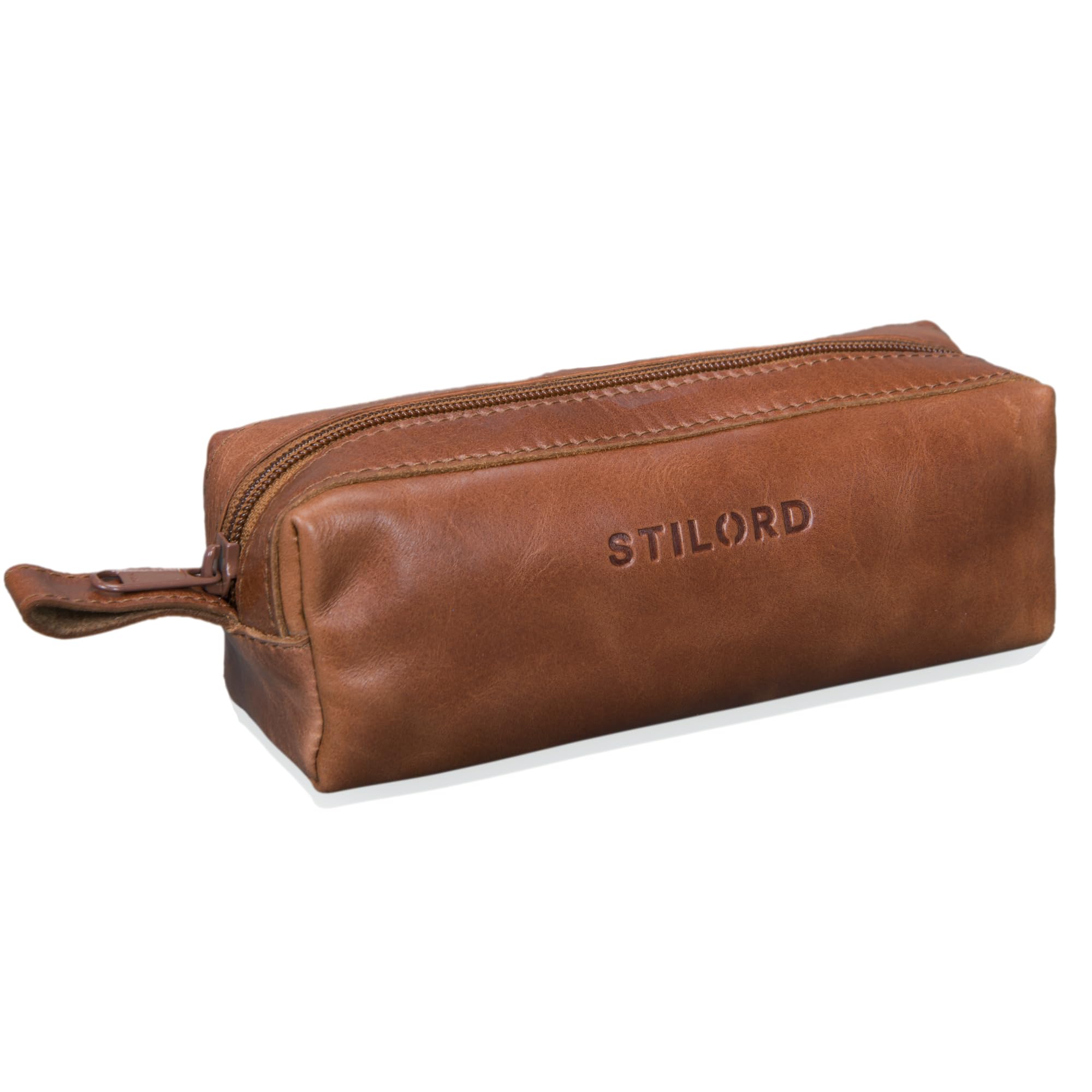 STILORD "Linus" Pencil Case Leather Pen Case Pouch Office University College Women Men Stationary Vintage Leather Colour:Shiny Cognac Brown