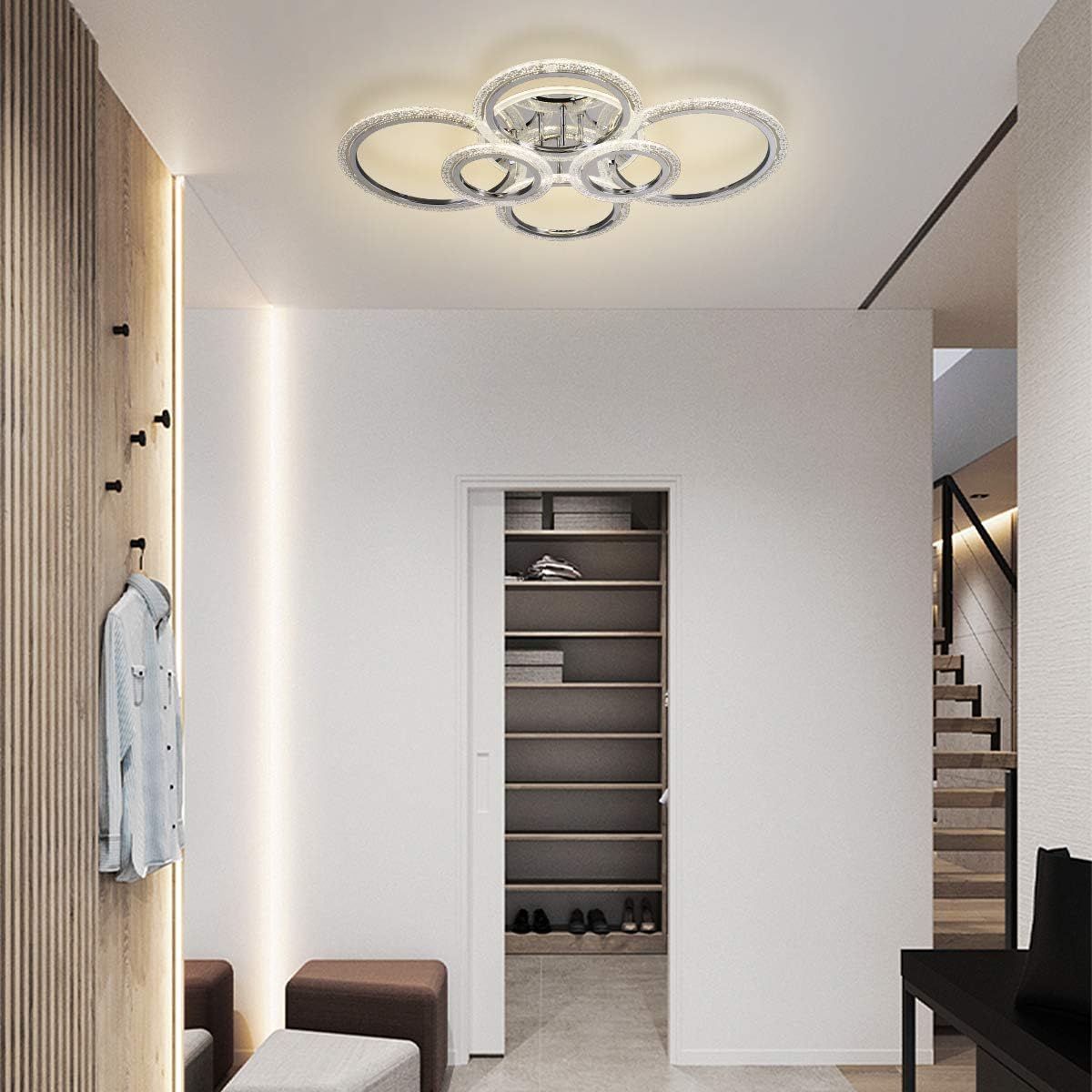 Garwarm LED Ceiling Lamp 76W Modern Close to Ceiling Light Dimmable 6 Rings Ceiling Chandelier for Living Room Bedroom, Chrome - - 