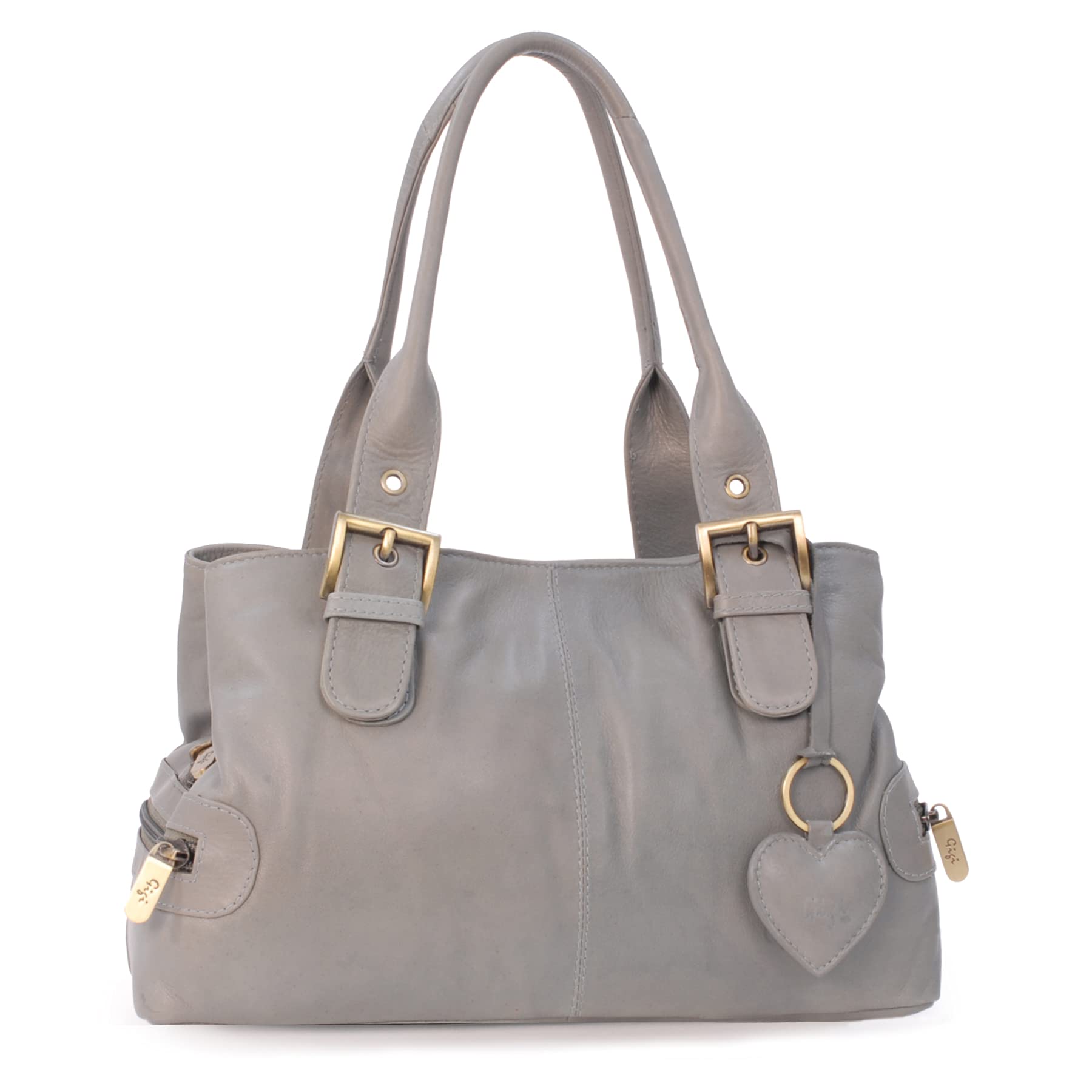 Gigi - Women's Leather Top Handle Bag - Small/Medium Handbag - Multiple Pockets - With Heart Keyring Charm - Othello 6165 - Light Grey