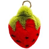 surell Real Rex Rabbit Fur Strawberry Keychain - Kawaii Pom-Pom Food Charm for Bags - Fruit Accessory with Gold Keyring