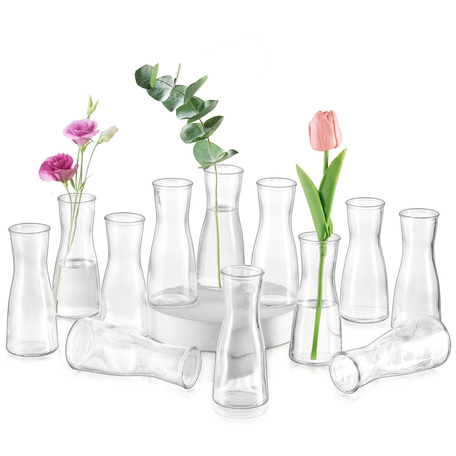 Glasseam Small Vases for Table Decoration, Modern Clear Vase Set of 12, Minimalist Flower Vase for Wedding Centrepieces, Decorative Glass Vases for Flowers, Cute Party Dining Room Bud vase Decor