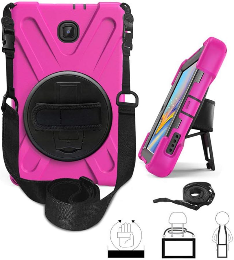KIQShield Series for Samsung Galaxy Tab A 8.0 Case 2018, Shockproof 360 Rotatable W/Kickstand Hand Strap Shoulder Cover for Galaxy Tab SMT387v Tab A Verizon Case 8.0 (Hot Pink)