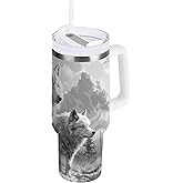 Nander 40oz Wolf Pack Family Tumbler with Handle and Straw Lid,Insulated Coffee Cup Reusable Stainless Steel Water Bottle Travel Mug Cupholder,Keeps Cold or Hot