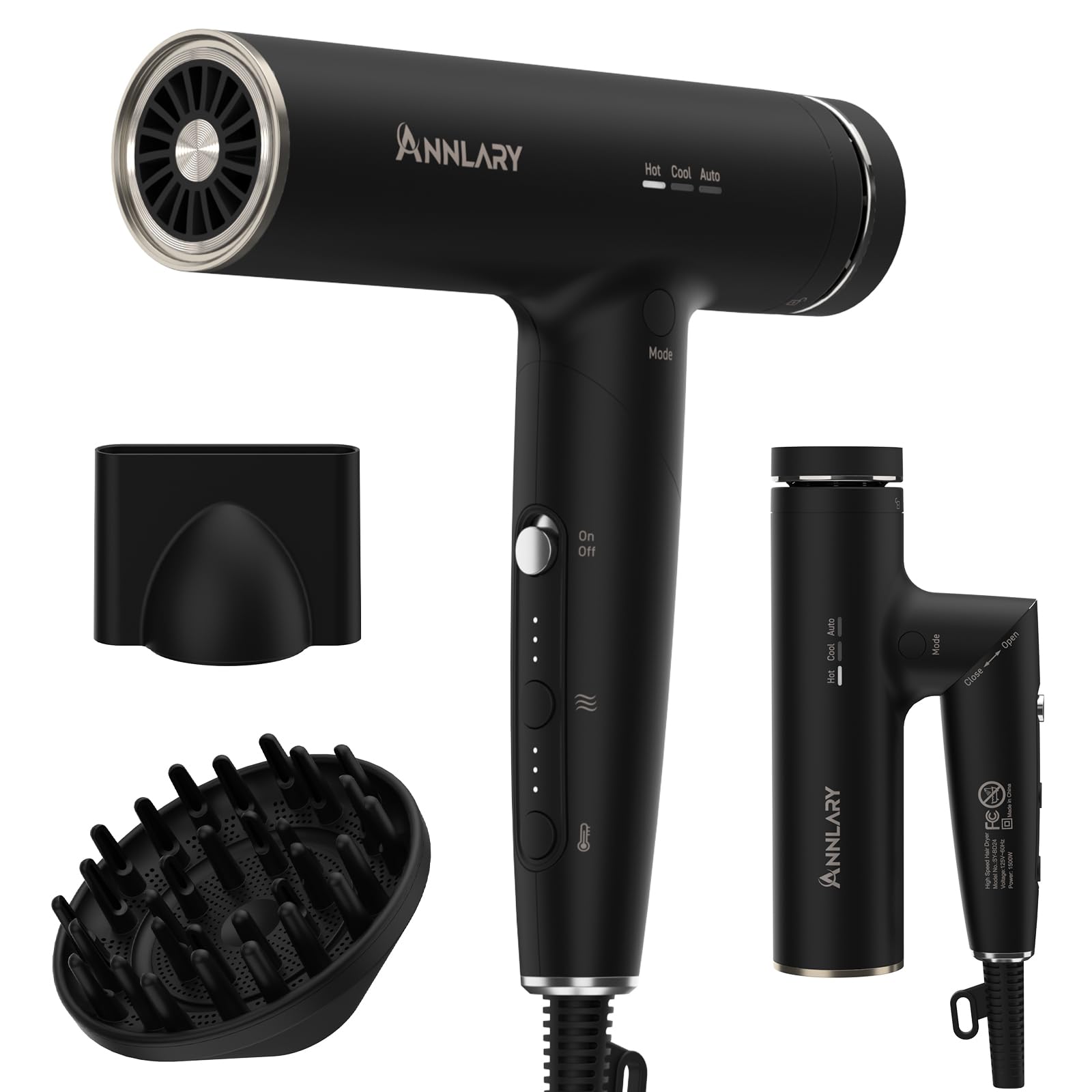 Photo 1 of ANNLARY Plasma Ion Hair Dryer with Diffuser for Curly Hair, 110000 RPM Professional High Speed Blow Dryer with Plasma Ion, 1500W Foldable Travel Hairdryer with 6.5 Ft Cord Fast Drying for Women Men