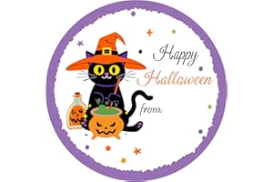 SerpizePaty 60pcs Happy Halloween Stickers for Kids, 2 Inch Witch Cat in Alchemy Gift Tag Stickers for Goodie Bags Halloween Party Decorations