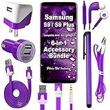 W-Wireless 6 Item Accessory Bundle for Samsung Galaxy Note 8/S8/S9/S9 Plus Includes: Car Charger, Home Charger, USB Data Cable, Stereo Headset, Aux Cord & Stylus Pen (Purple Kit)