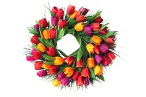 18 Inch Tulip Wreath Spring Wreath for Door Artificial Tulip Flowers Wreath for Front Door Window Wall Easter Party Wedding D