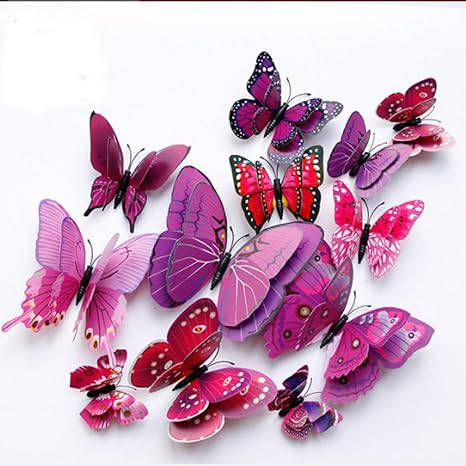 Amazon Sangaitianfu 3d立体二層シミュレーション蝶 リビングルーム 寝室 背景 部屋 壁用ステッカー 壁装飾 12個 パープル ウォールステッカー オンライン通販