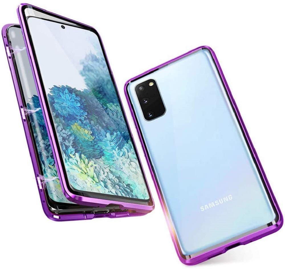 Case for Samsung Galaxy S20 Cover Adsorption Magnetic Metal Bumper Frame with Transparent Tempered Glass Front and Back 360 Degrees Full Body Protection Case Shockproof Ultra Slim Flip Cover,Purple — image 1