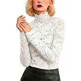 zebemay Women's Floral Lace Top Long Sleeve Mock See Through Mesh Underwear Blouse Shirt S-L