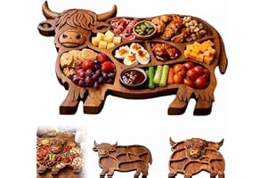 Highland Cow Wooden Charcuterie Board, Rustic Farmhouse Cow Serving Board with Compartments, for Cheese Meat Fruit & Snacks (